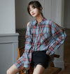 2021 Korean Retro Style Split Sleeve Lapel Collar Oversize Blouse Plaid Long Shirt loose fit