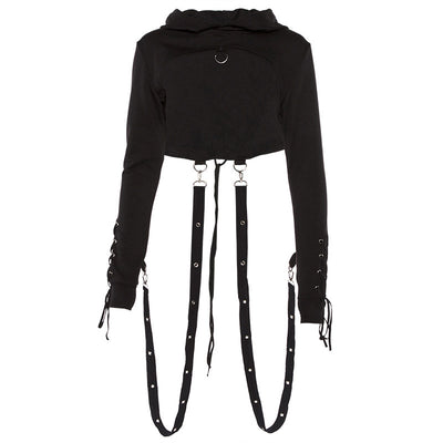Dark gothic bandage chain lace up back buttonhole hooded crop top long sleeve sweatshirt balero