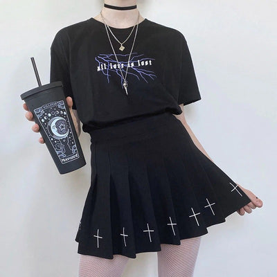 High Waist Mini Black Skirt Gothic Streetwear Cross Print Pleated Lolita Harajuku Skirt
