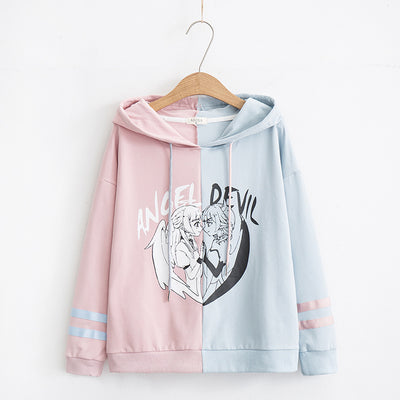 New cartoon " Angel " " Devil " letter print stripe splicing pastel color Hoodie women hoodie