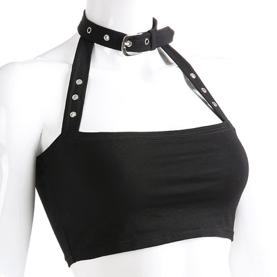 women strappy cami metal buckle neck choker sexy ultra-short dark gothic set