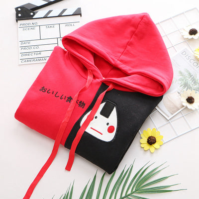 Japanese college style splicing block color embroidery hooded flannel cartoon kitty jacket sweatshirt