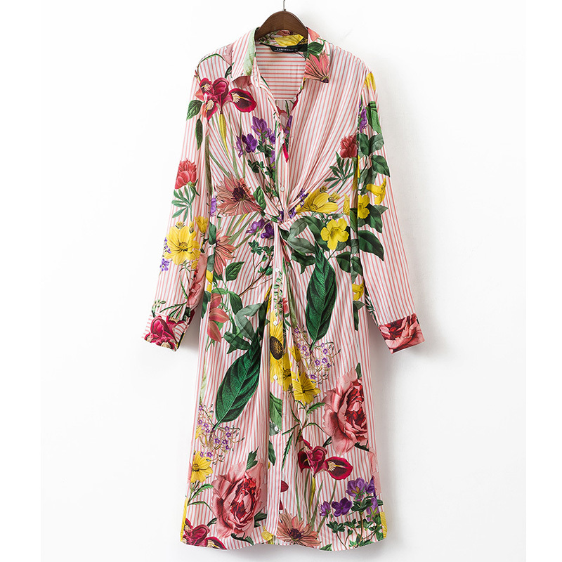 Langarm geknoteter Tunika-Reverskragen mit V-Ausschnitt, gestreiftes langes Kleid mit Blumendruck