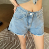 high waist asymmetric raw edge denim shorts with print hearts kawaii pants for girls