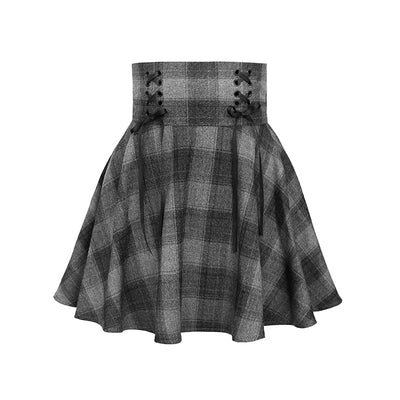 dark gray corduroy plaid high waistline lace up pleated skirt skater Gothic Style for women plus size