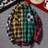korean kpop style long sleeve shirt splicing plaid loose fit hip hop trendy shirt jacket cardigan for boys and girls