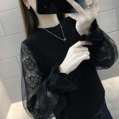 2021 Korea Fashion Lace Knitwear Sweater Women Puffy Laced Sleeve Knitted Top