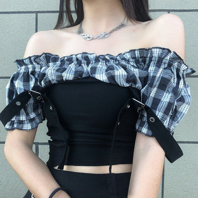 Strapy false 2 pc T-shirt Harajuku style sub splicing plaid bubble sleeve off shoulder top slim fit cargo skirt
