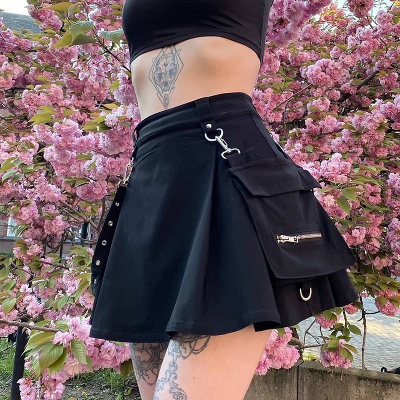 Pleated Harajuku Punk Gothic Black High Waist Skirt Patchwork Streetwear with Bandage and Pocket for Women