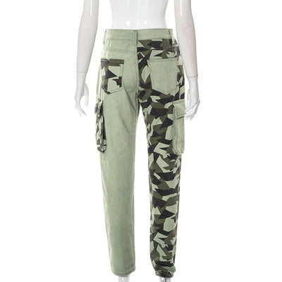 New camouflage spandex denim stitching multi-pockets slim fit splicing pants military green