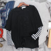 2021 Spring Basic Baumwollhemd Baumwollgeprägter Bär Langarm 2in1 gefälschtes zweiteiliges T-Shirt Top