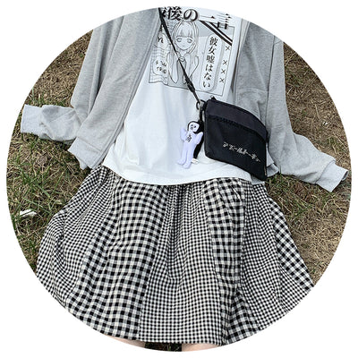 Japanese harajuku basic splicing black white grids plaid elastic waist versatile long skirt for Spring and Autumn
