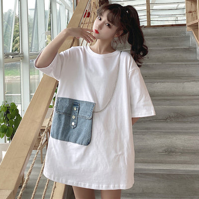 Kpop splicing Kawaii T-shirt with pockets and chains korean fashion fake handbag stitching long top