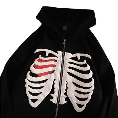 New hooded cardigan gothic sweatshirt loose skeleton printed long sleeve hoodie jacket zipper coat