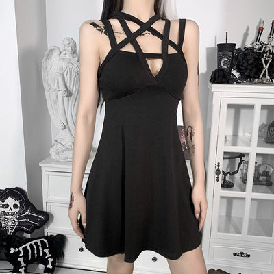 Pentagram shoulder straps tight fit high waist skater mini dress basics for gothic wear