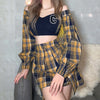 2022 kawaii splicing slim fit top and skirt set off shoulder long sleeve shirt plaid asymmetric skirt heart chain