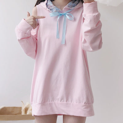 Lovely pink long hooded sweater 2022 kawaii design loose hollow cut off shoulder hoodie sweatshirt