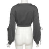 New lace up sleeves street fashion print sexy straps drawstring long-sleeved umbilical bodysuit cotton sweatshirt
