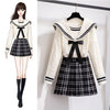 loose fit college navy collar bowknot sweater pleated plaid skirt two-piece set