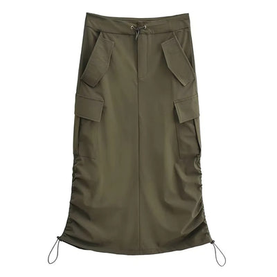 American style retro double drawstring multi pockets skirt Bella high waist style pleated midi-length