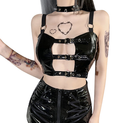 Sexy faux leather cami vest shoulder straps high street fashion gothic girls
