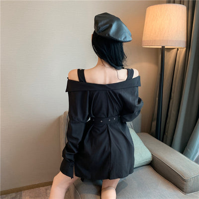 Off shoulder long straps sexy mini dress collarbone sexy long shirt with belt