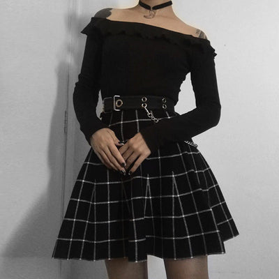 Dark gothic high waist umbrella grid pattern plaid women mini skirt for summer