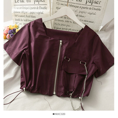 French Korean niche design cargo shirt drawstring hem deco with metal chain pockets and zipper crop top
