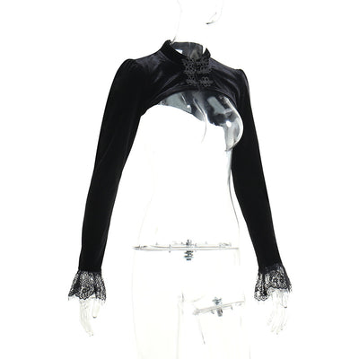 Gothic style cloth buttons short coat bolero sexy hollow out long sleeves lace blouse