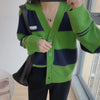 Wide stripes color blocks V-neck sweater jacket loose fit women cardigan