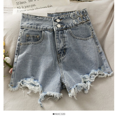 Online celebrity fashion distressed denim shorts ultra-high waist double buckles and buttons hot pants instashop