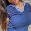 Fake 2pc lapel POLO collar blouse US retro slim short sleeves stripes T shirt for hot girls