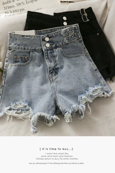 Online celebrity fashion distressed denim shorts ultra-high waist double buckles and buttons hot pants instashop
