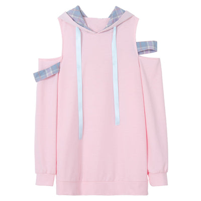 Lovely pink long hooded sweater 2022 kawaii design loose hollow cut off shoulder hoodie sweatshirt