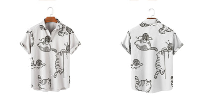 Kawaii B/W cat digital prints short sleeve loose fit shirt plus size oversize for couples boys and girls