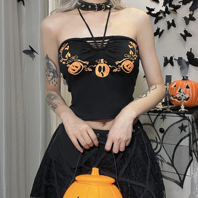 Halloween top pumpkins prints halter neck cami woven straps vest