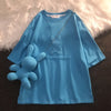New blue T-shirt with 3D rabbit niche design denim sleeve loose top rare