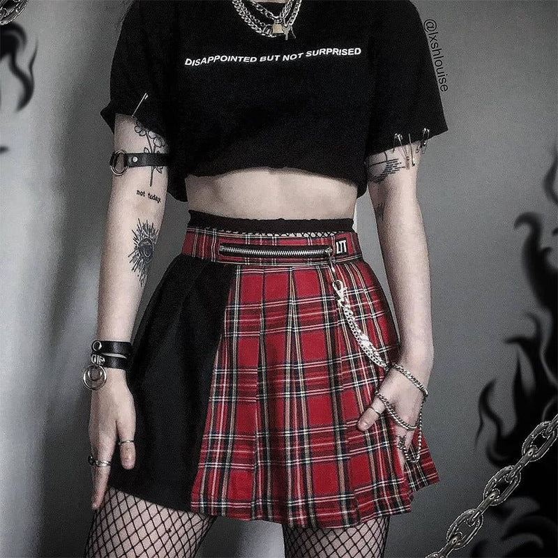 Patchwork contrast plaid skirt with zipper chains women summer