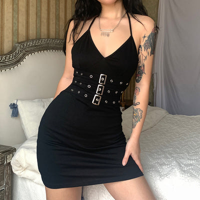 2022 Gothic metal buckle black hanging neck halter dress sexy backless thin lacing hip skirt