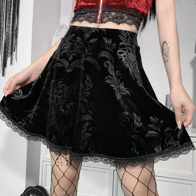 Korean velvet whole print rock skirt lace trim dark gothic floral embossed stitching high waisted dress