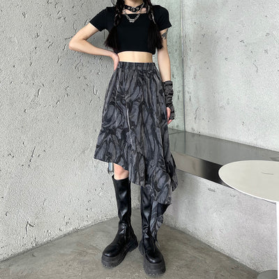Irregular ruffled tie dye dress high waist slim A-line skirt 2022 niche design gothic style
