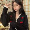 new cute retro- Korean argyle knits love cherries knitwear embroidery lace trim cardigan