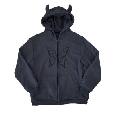 Hooded cardigan with horns zipper placket and pocket butterfly printed gothic sweatshirt women streetwear