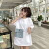Kpop splicing Kawaii T-shirt with pockets and chains korean fashion fake handbag stitching long top