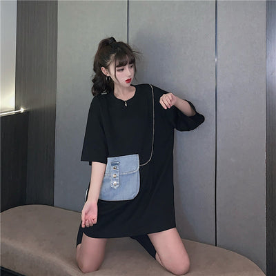 Kpop splicing Kawaii T-shirt with pockets and chains korean fashion fake handbag stitching long top