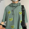 Harajuku kawaii cartoon 3D frog froggy head and applique loose fit hooded short sleeve T-shirt for boys and girls