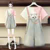 Splicing pastel cartoon kawaii jumpsuit set kitty t-shirt and denim strappy pants plus size