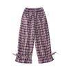 Retro plaid high waist loose baggy trousers bloomers ankle tied wide-leg pants cotton wool fabric above ankle
