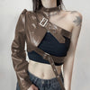 Street hipster metallic adjustable buckle cross chest belt single arm half section balero crop top PU leather