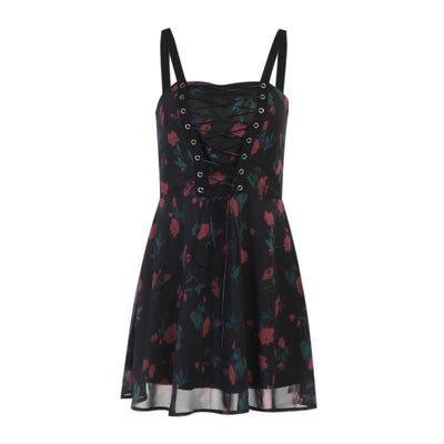 Dark gothic mesh chiffon layers rose print sling dress laceup placket high waist skirt